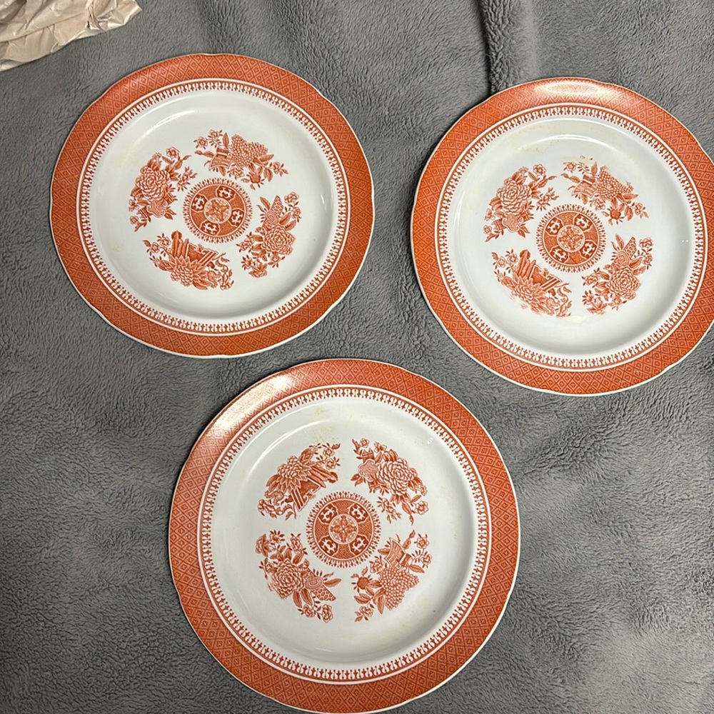 3 Beautiful Vintage Spode, Fitzhugh Red China 8" Salad Plates
